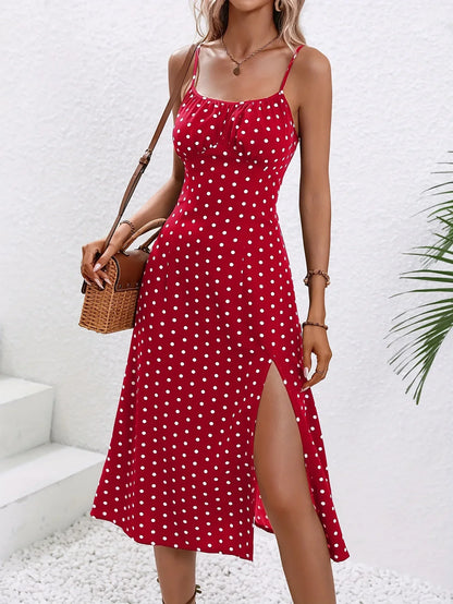 maoxiangshop  Women Floral Print Spaghetti Straps Summer Boho Beach Dress Print Elegant  Suspenders Square Neck Slit Dress Vestidos