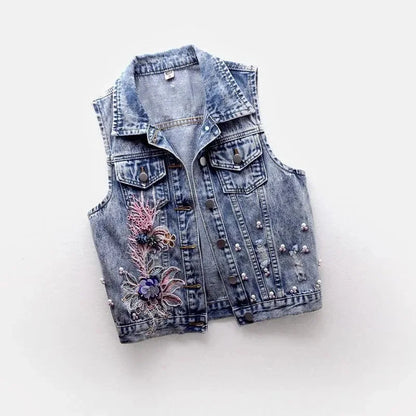 maoxiangshop 2024 Student Vest Slim Short Jacket Embroidery Flowers Sleeveless Denim Vest Women's Beaded Waistcoat Hole Jeans Vest Coat Girl