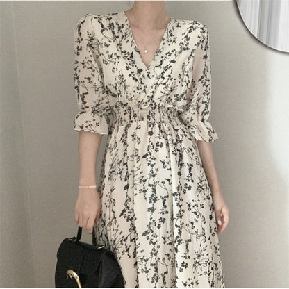 maoxiangshop Vintage Korea Fashion Clothing Summer Slim Elastic Waist A Line V Neck Elegant Office Lady Floral Chic Chiffon Long Dress Retro