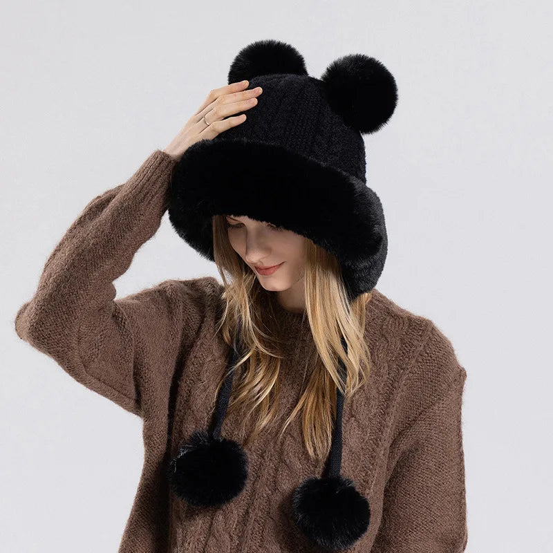 maoxiangshop  -  Winter Pompoms Hat for Women Plush Lining Thickened Warm Knit Beanies Bonnet Outdoor Windproof Ear Protection Skiing Woolen Caps