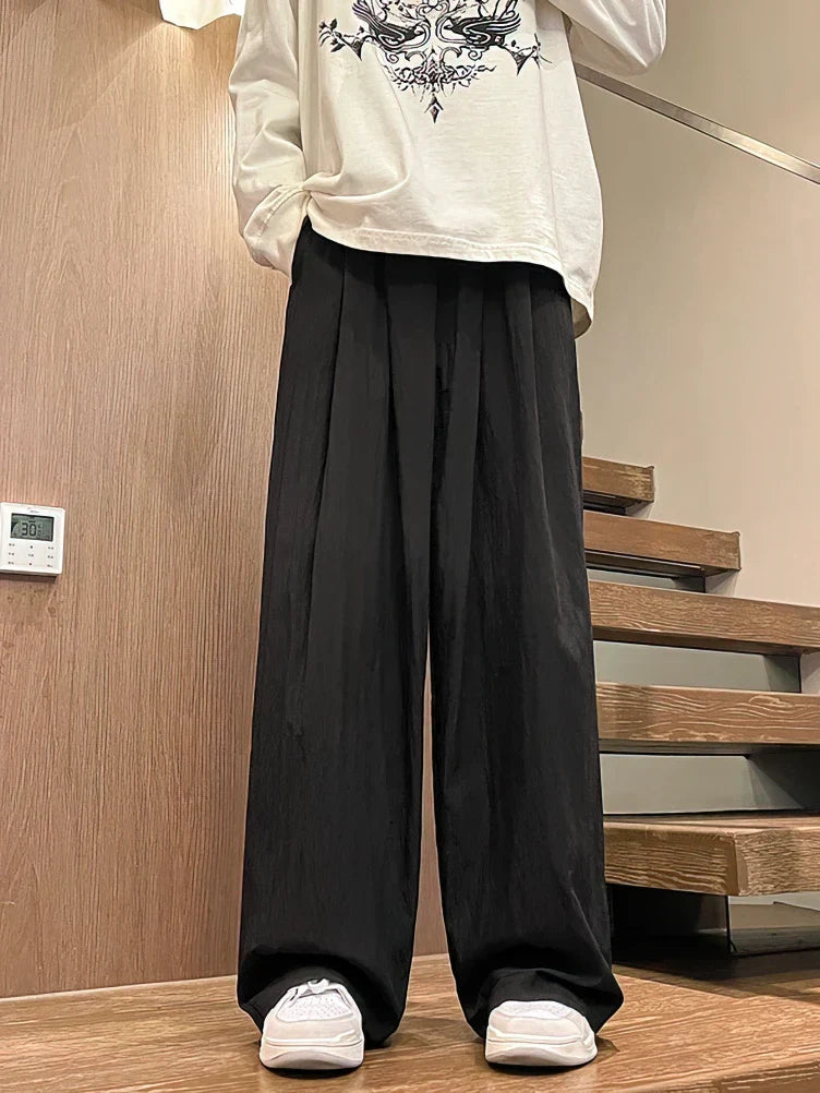 maoxiangshop Ice Silk Linen Straight Casual Pants Men Summer Thin Loose Wide Leg Straight Long Trousers Japanese Lazy Popular 2024 New