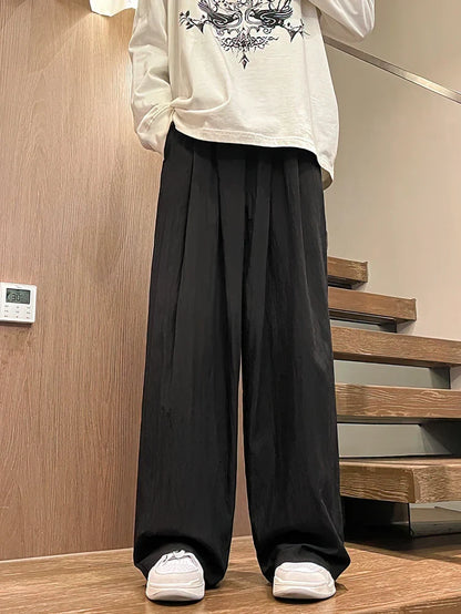 maoxiangshop Ice Silk Linen Straight Casual Pants Men Summer Thin Loose Wide Leg Straight Long Trousers Japanese Lazy Popular 2024 New