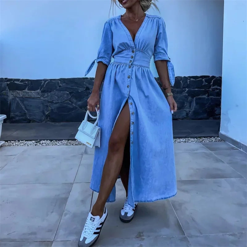 maoxiangshop Women Deep V Neck Single-breasted Cardigan Thin Denim Dresses Lace-up Half Sleeve Dress Casual Fashion Female High Waist Gown