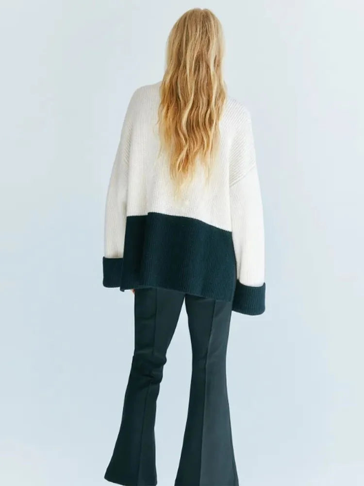 maoxiangshop -  Women's Fashion Patchwork Turtleneck Sweater Tops Autumn Loose Sleeve Knitted Pullover Female Elegant Lady Chic Knitwear