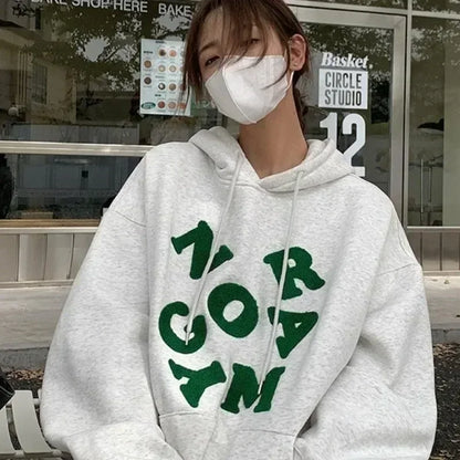 maoxiangshop Korean Autumn Winter Letter Print Hoodie Women Casual Long Sleeve Pullover Tops Hood Shirt Harajuku Oversize Sweatshirt Y2k 후드티