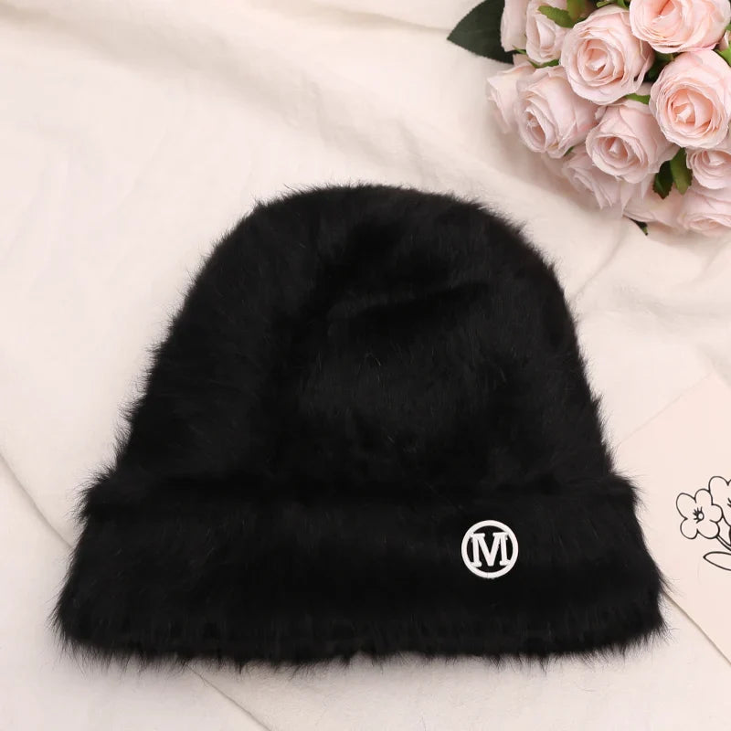 maoxiangshop New Fashion Rabbit Fur Y2k Beanies for Women Soft Warm Fluffy Angola Winter Hat Female Windproof Bonnet Hat Skullies Cap