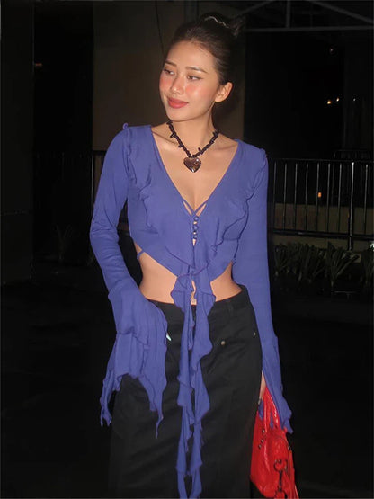 maoxiangshop  -  Sexy Women Ruffles Long Sleeve Club Halter Y2K Blouse T Shirt Outfits Party Autumn Slim Mini Tees T Shirt Crop Tops Harajuku