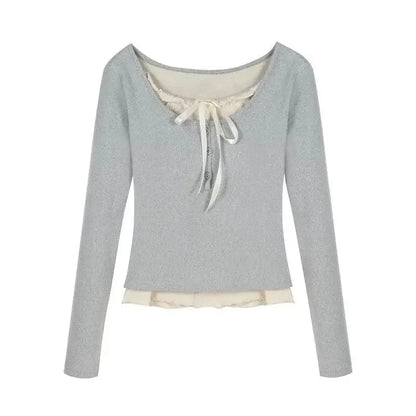 Korean Fashion Cropped Tshirt Women Long Sleeve Coquette Lace Streetwear Bow T-shirts Round Neck Tops Vintage Aesthetic