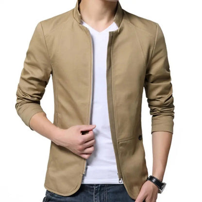 maoxiangshop Casual Men Blazer Spring Autumn Stylish Business Casual Jacket Solid Color Stand Collar Zipper Pockets Thin Slim Blazer Coat