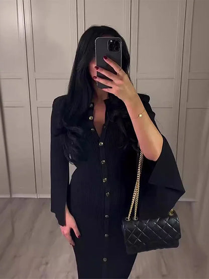 maoxiangshop  -  Elegant Women's Sets Autumn O-neck Buttons Black Knitted Cardigan Midi Skirts Suits Woman Sheath Elegant Solid Sets Office Lady