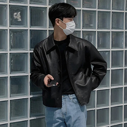 maoxiangshop Short Motorcycle Pu Leather Coat Trend Men's Autumn New Korean Style High End Lapel Loose Jacket Fashion Streetwear