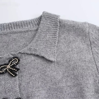 maoxiangshop  -  Fashion Bow Cropped Knitted Cardigan Women Ribbed Coat Long Sleeve Button Short Sweaters Women 2024 Autumn Knitwears Jacket Top