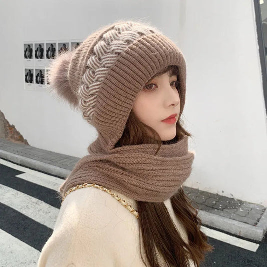 maoxiangshop New Women Winter Warm Beanies Hat Scarf set Breathable Rabbit Hair Blend Knitted Hat Scarf for Women warm lining Caps