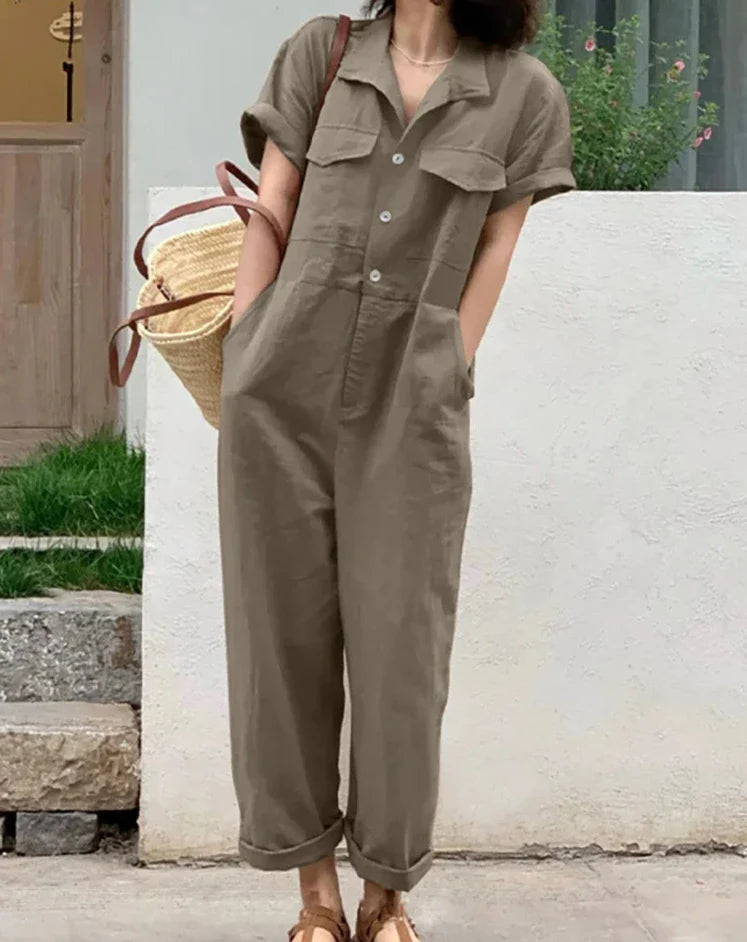 maoxiangshop Women Summer Jumpsuit Lapel Solid Color Short Sleeved Dungarees Femme Fashion Causal Elegant Rompers Work OL Pant