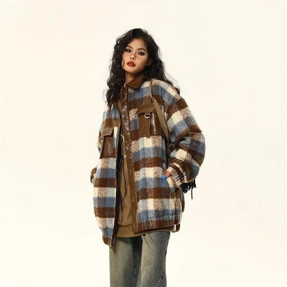 maoxiangshop  -  2024 American Retro Casual Woolen Patchwork Leather Jacket For Women In Autumn Winter Maillard Atmosphere Woolen Plaid Jacket