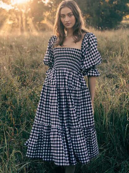 Jastie Vintage Plaid Cotton Summer Dress for Women Bow Tied Back Smocked Bust Midi Dress New Boho Beach Dress Female Vestidos