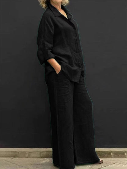 maoxiangshopWomen Cotton Linen Suits  Elegant Solid Long Sleeve Shirt Wide Leg Trousers Two Piece Set Female Casual Straight Pants Suits