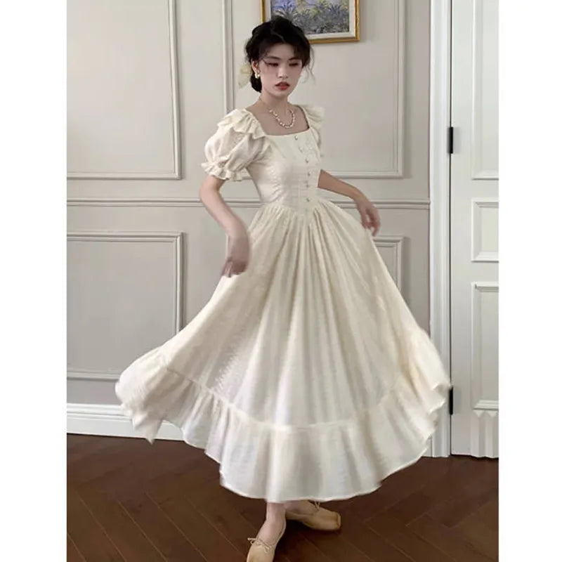 maoxiangshop Elegant Square Collar White Dress Summer Fashion Puff Sleeve Ruffle Dress for Women 2024 Chic Vintage Maxi Dresses