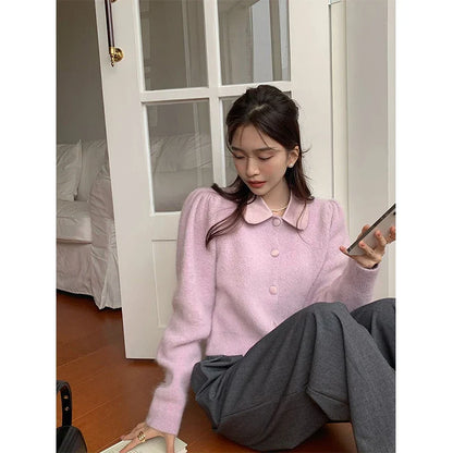 Elegant Knitted Cardigans Women Cropped Patchwork Sweater Coat Korean Solid Slim Knitwear Jackets All Match Jumper Outwear