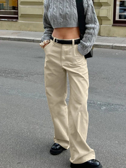 maoxiangshop  -  Khaki Classic Wide Leg Pant Women High Waist Pocket Loose Simple Trouser 2024 Autumn Winter Streetwear Fashion Casual Pants New