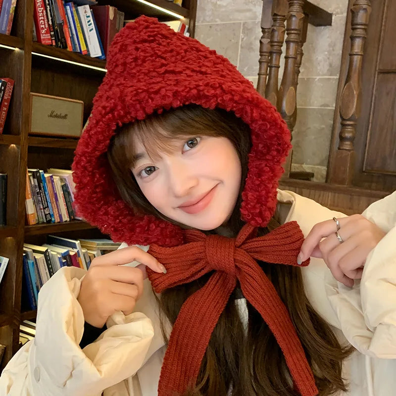 maoxiangshop  -  Lamb Wool Beanies for Women Winter Plush Warm Pullover Hats Thickened Windproof Ear Protection Cap Red Steeple Christmas Bonnets