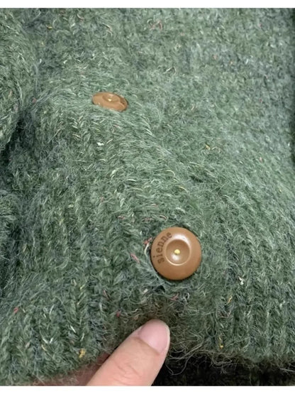 maoxiangshop  -  Retro Green Casual Knitted Jacket Women's Autumn And Winter New Round Neck Loose Single Breasted Short Top