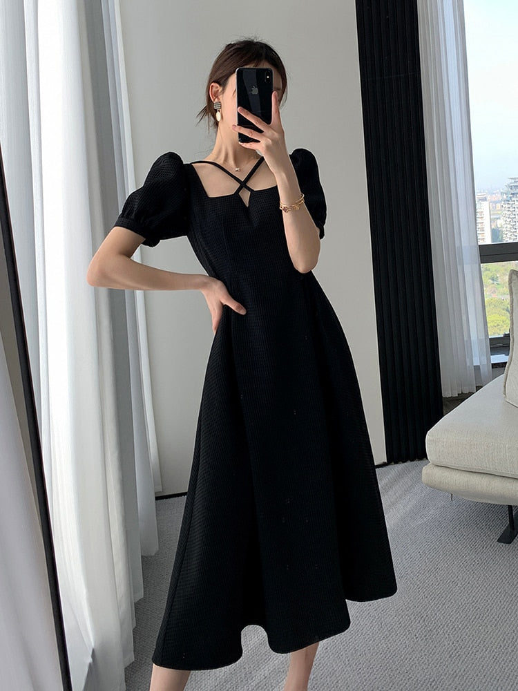 maoxiangshop Summer Women Fashion Elegant Casual Solid Puff Sleeve Midi Dresses Evening Office Lady Female A Line Clothes Vestdios Black