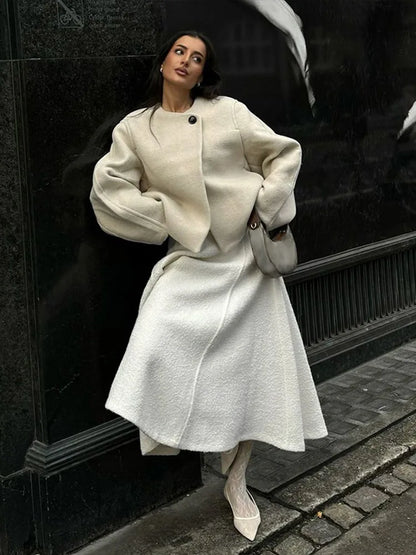 maoxiangshop  -  Chic Woolen Women's Short Coats O Neck Long Sleeve One Button Coat 2024 Autumn Winter Elegant Female Commute Outerwears