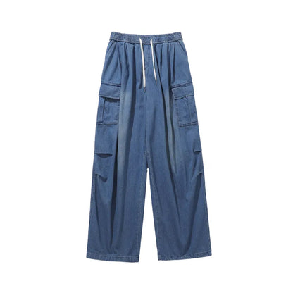 maoxiangshop Men Jeans Loose Straight Wide Leg Denim Pants Men's Hip Hop Streetwear Skateboard Neutral denim Trousers Mopping Cargo jeans
