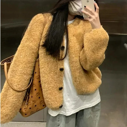 maoxiangshop  -  Solid Yellow Knit Sweater Cardigan Women Autumn Soft Sweet Slouchy Long Sleeve Round Neck Cute Schoolgirl Daily Loose Outerwear