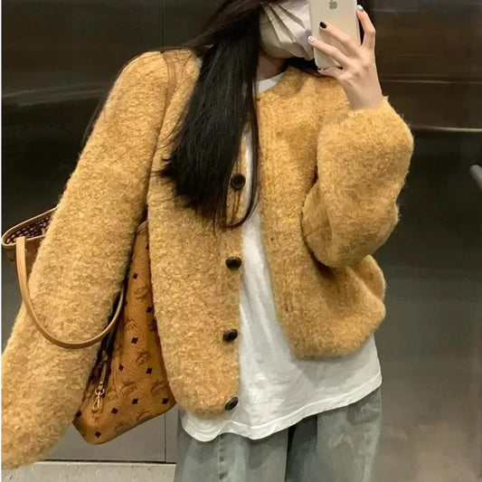maoxiangshop  -  Solid Yellow Knit Sweater Cardigan Women Autumn Soft Sweet Slouchy Long Sleeve Round Neck Cute Schoolgirl Daily Loose Outerwear