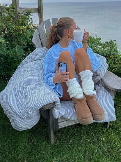 maoxiangshop -  Women Chic Blue Pleated Sweater Pullovers Loose O Neck Long Sleeve Knitted Jumpers Autumn Casual Female High Streetwear