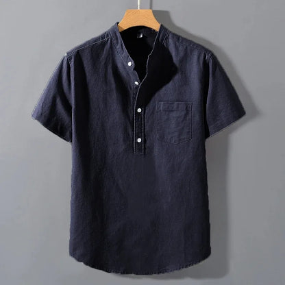 maoxiangshop New Mens Short Sleeve T Shirts Solid Color Stand Up Collar Shirt Summer Trendy Breathable Loose Youth Basic Cotton Pocket Top