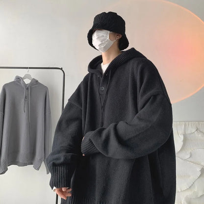maoxiangshop Men Pullover Hoodie Korean Style Classic Solid Color Casual Hoodies Oversized Loose Hooded Knitwear Mens Knitted Pullovers