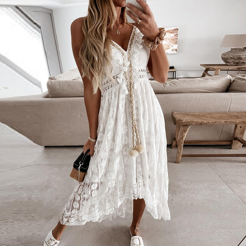 Boho Dress Women Summer Maxi Dress Lady Off Shoulder Holiday Lace V Neck Spaghetti Strap Sundress White Dress Vestidos De Mujer