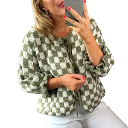 maoxiangshop  -  Women's Tie Front Knitted Cardigan New Style 2024 New Checkered Half Sleeve Sweater Casual Autumn Winter Cardigan Knitwear