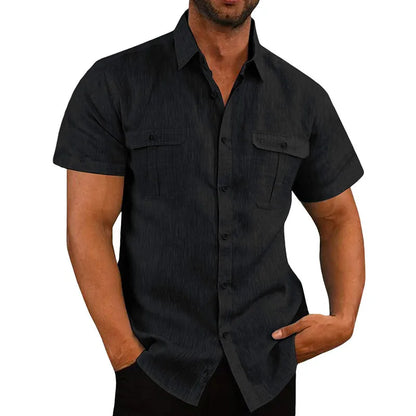 maoxiangshop Summer Cotton Linen Casual Shirts Men Short Sleeve Solid Color Turn Down Collar Shirt Mens Breathable Beach Style Blouse 5XL