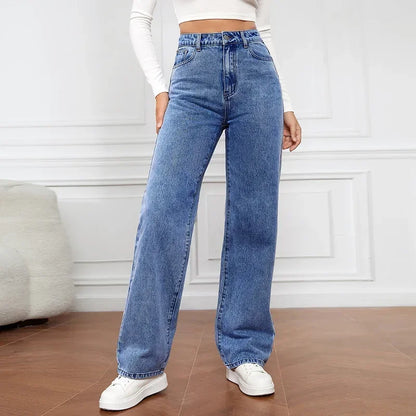 maoxiangshop Denim Jeans Women Straight Pants Washing High Waist Loose Pockets Basics Ankle Length Y2k Blue Pants Streetwear Slight Strech