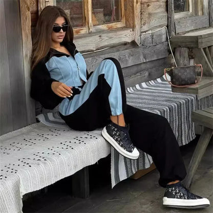 maoxiangshop  -  Women Casual Contrast Hoodies Pants Sets Slim Zipper Short Hooded Coats Lace Up Wide Leg Pant 2024 Autumn Lady Fashion Tracksuit