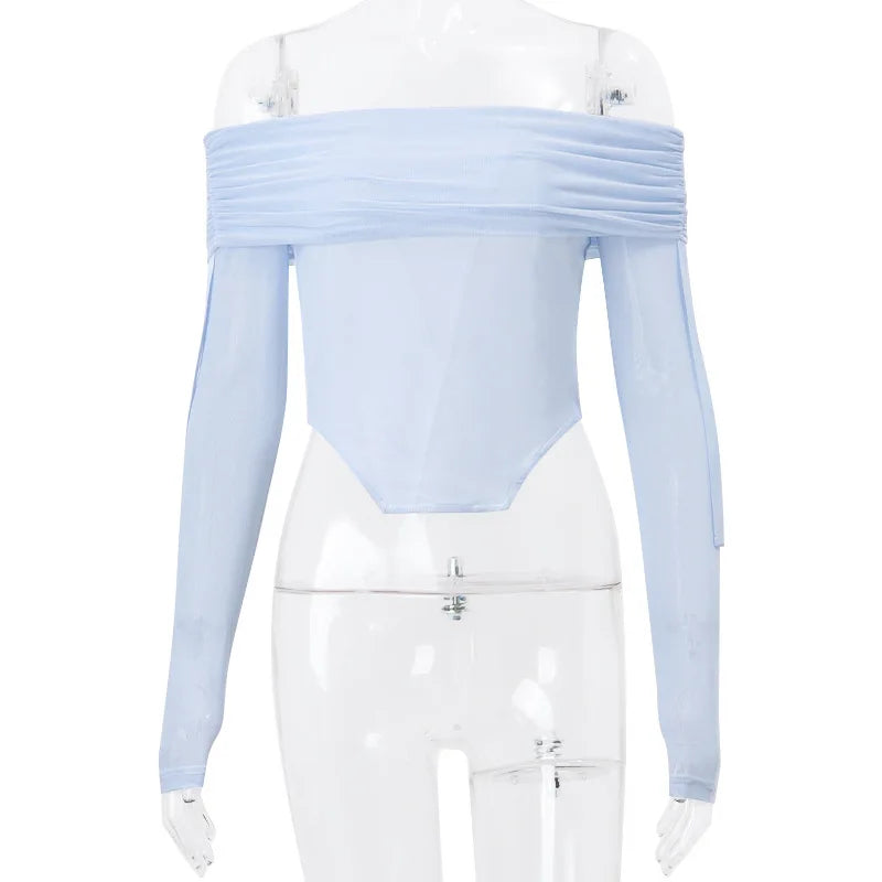 maoxiangshop -  Mesh Shirts For Women Sexy Off Shoulders Slim Crop Tops Hot Girls Fashion Splice Short Shirt Ladies Autumn Winter Clothes