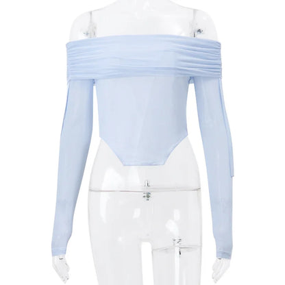 maoxiangshop -  Mesh Shirts For Women Sexy Off Shoulders Slim Crop Tops Hot Girls Fashion Splice Short Shirt Ladies Autumn Winter Clothes