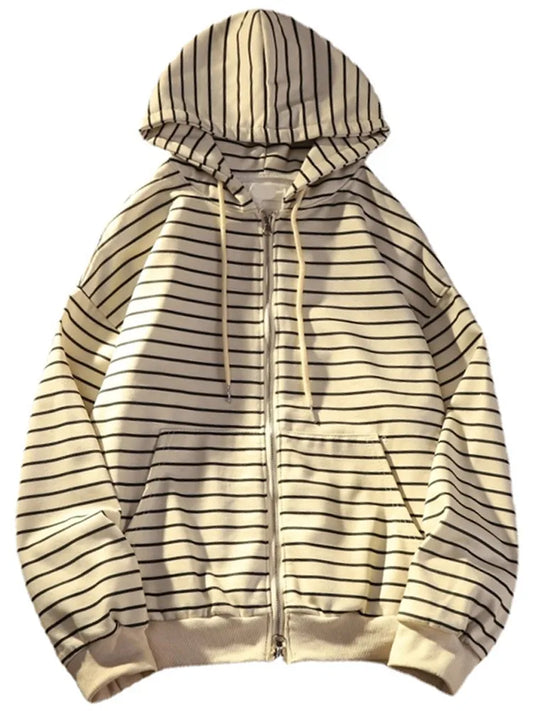 Zip Up Women Korean Style Hoodies For Girls Top Vintage stripe Long Sleeve Oversized Hooded Sweatshirt Jacket Casual Large Coats