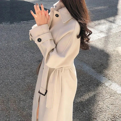 maoxiangshop Winter Korean Women Faux Woolen Coats Fashion Elegant Solid Belt Thickening Long Jacket Female Loose All Match Blends Outwear