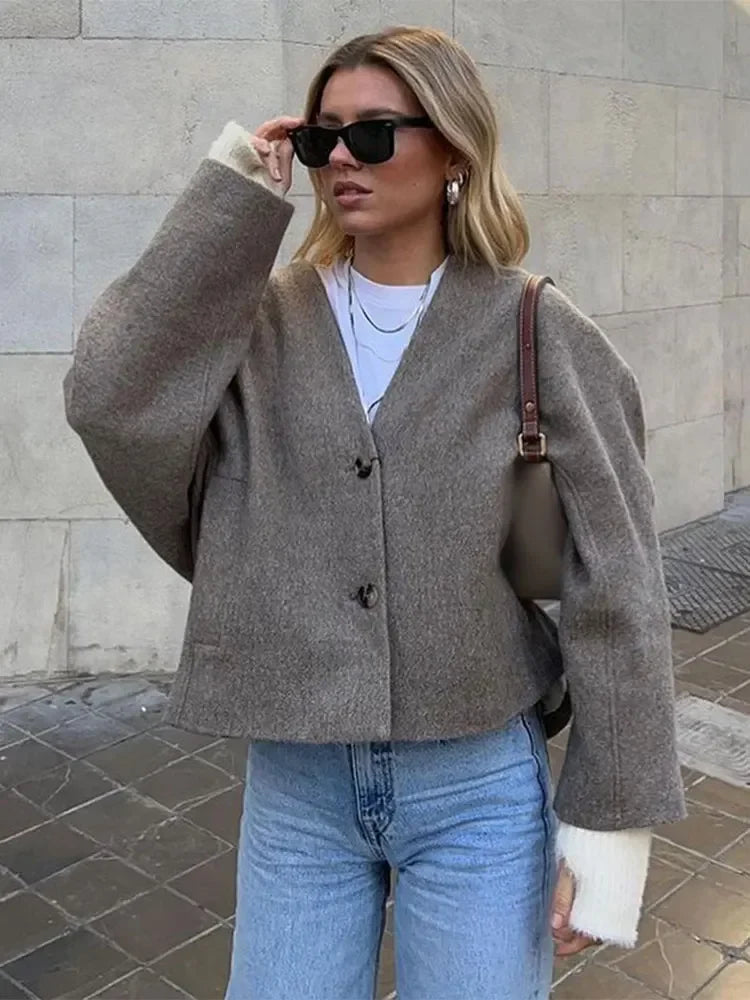 maoxiangshop  -  Warm Button Pockets V Neck Crop Jacket For Women Casual Solid Long Sleeves Short Coat 2024 New Autumn Lady Office Outerwear