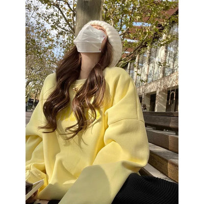 2024 Spring New Creamy Yellow Baggy Sweatshirt Women Fashion Letter Printing Street Lazy Wind Pullover Tops Korean Y2k Clothes