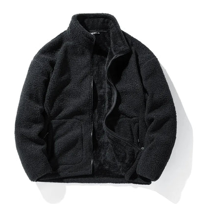 maoxiangshop Winter Fleece Jackets Men Solid Color Loose Casual Warm Coat Mens Stand Collar Outerwear Jacket Harajuku Streetwear Plus Size