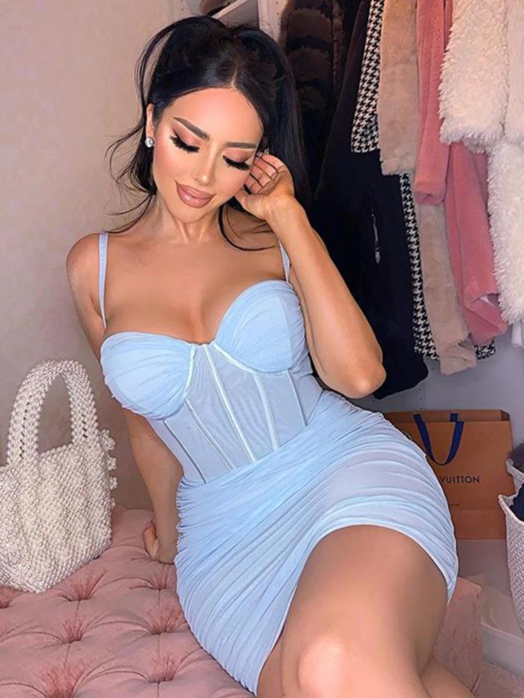 Summer Mesh Corset Ruched Mini Dress Women New Sleeveless Party Night Club Gown Sexy Backless Dresses See Through