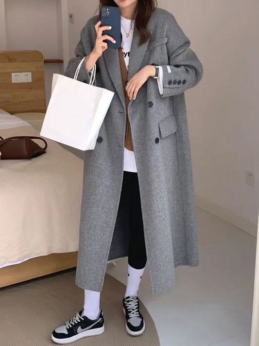 maoxiangshop Winter Thick Office Lady Long Wool Coat Elegant Fashion Faux Wool Jacket Women Simple Grey Long Sleeve All Match Outwear