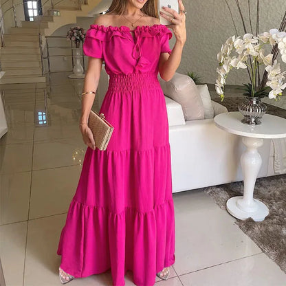 maoxiangshop Summer Boho Red Dress Fashion Short Sleeve Beach Long Dress Casual Loose Elegant Holiday Party Dresses For Women Robe Femme