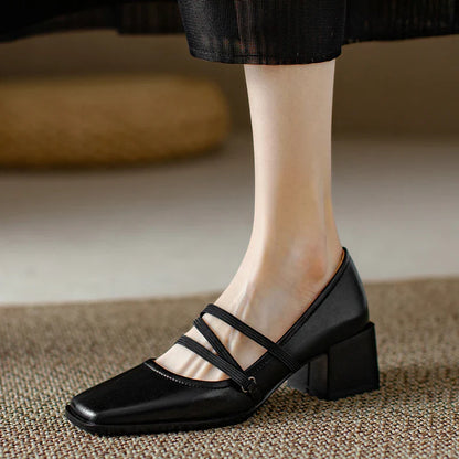 maoxiangshop -  Spring/Autumn Fashion Women Shoes SquareToe Chunky Heel Shoes Women Cow Leather Med Heel Women Pumps Solid Retro Mary Janes